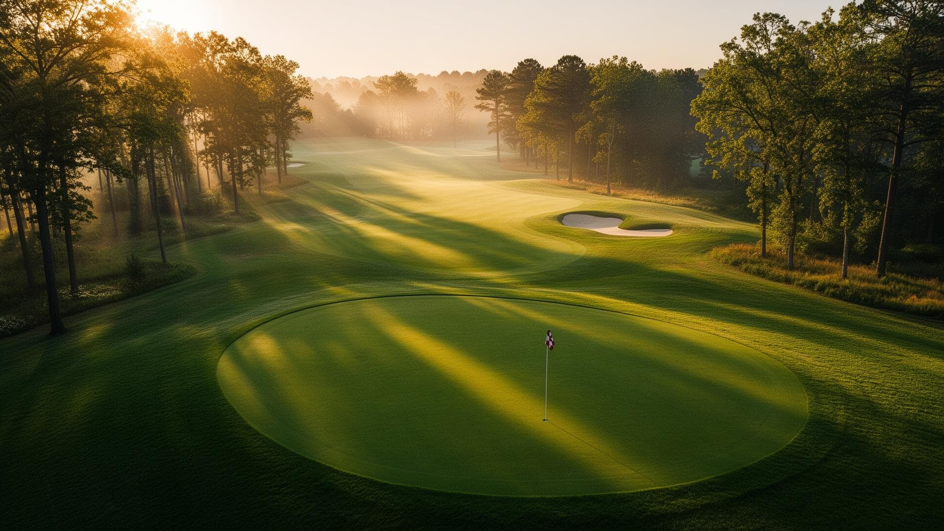Aerial view of a golf course at golden hour