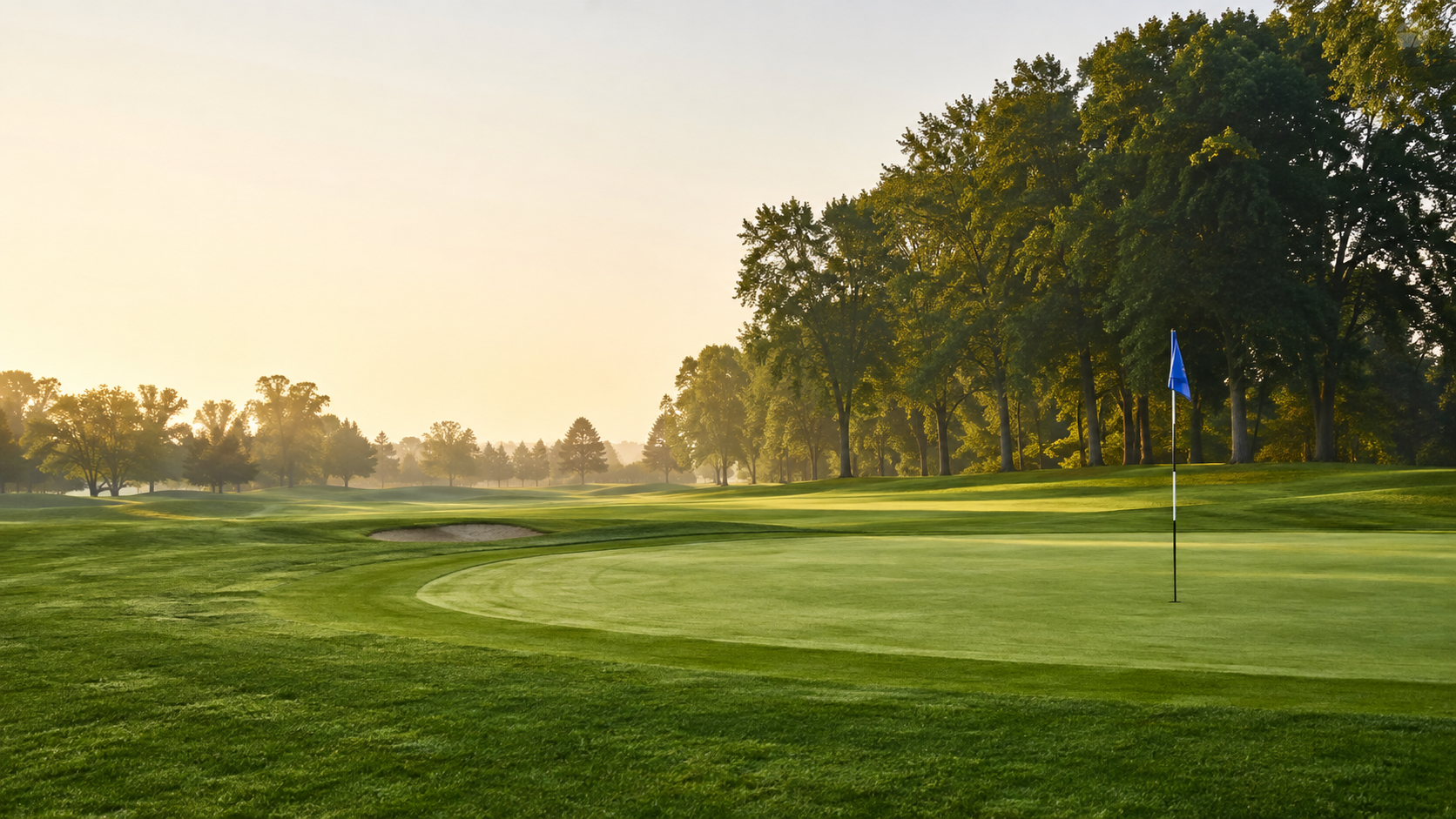 Golf course fairway and putting green at sunrise